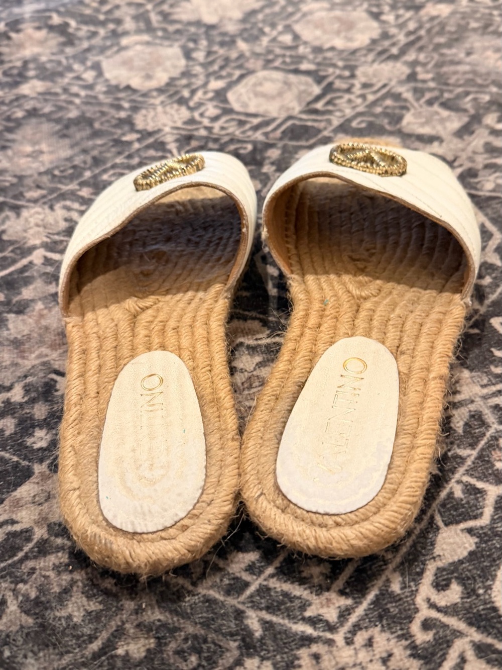 Valentino Cream Quilted Slide Mules with Rope Sole and Gold Logo - Picture 5 of 5